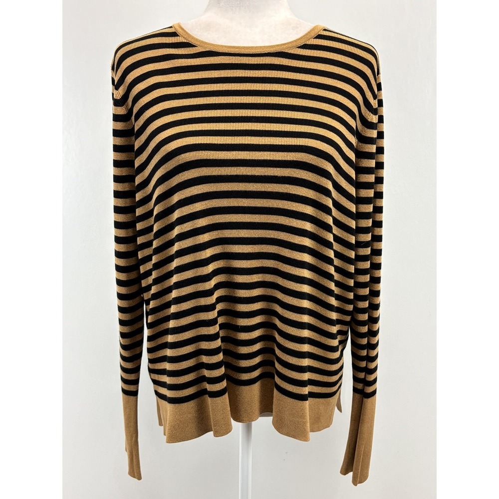 Eileen Fisher Knit Striped Sweater Shirt Size Large Silk Blend Brown Black Boxy